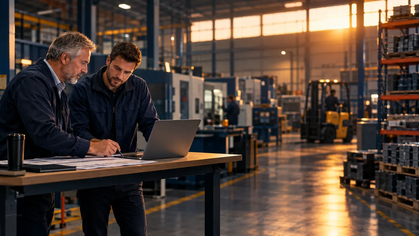 Two people planning a system at a laptop on a factory floor