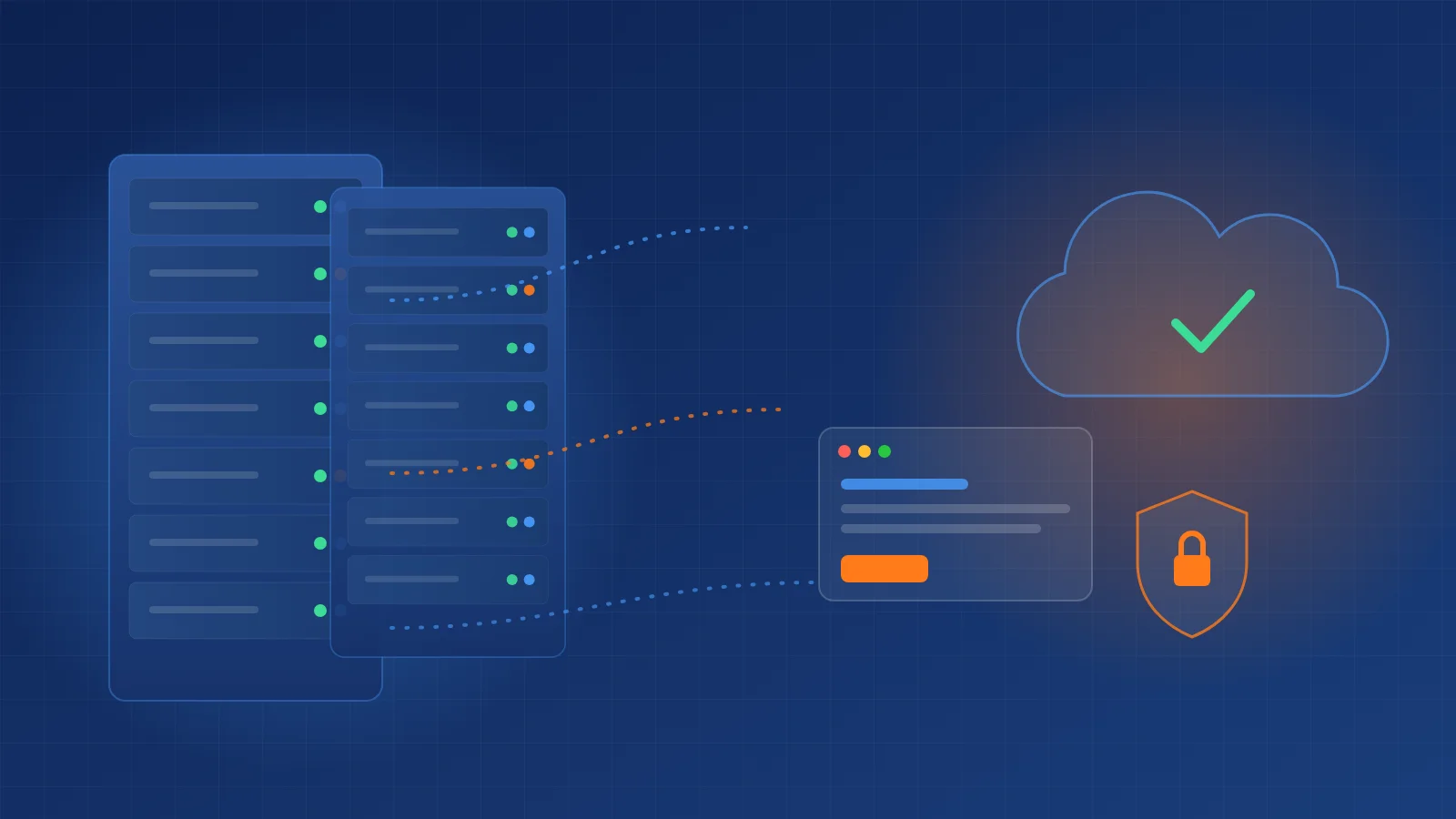Illustration of servers, a website and a security shield