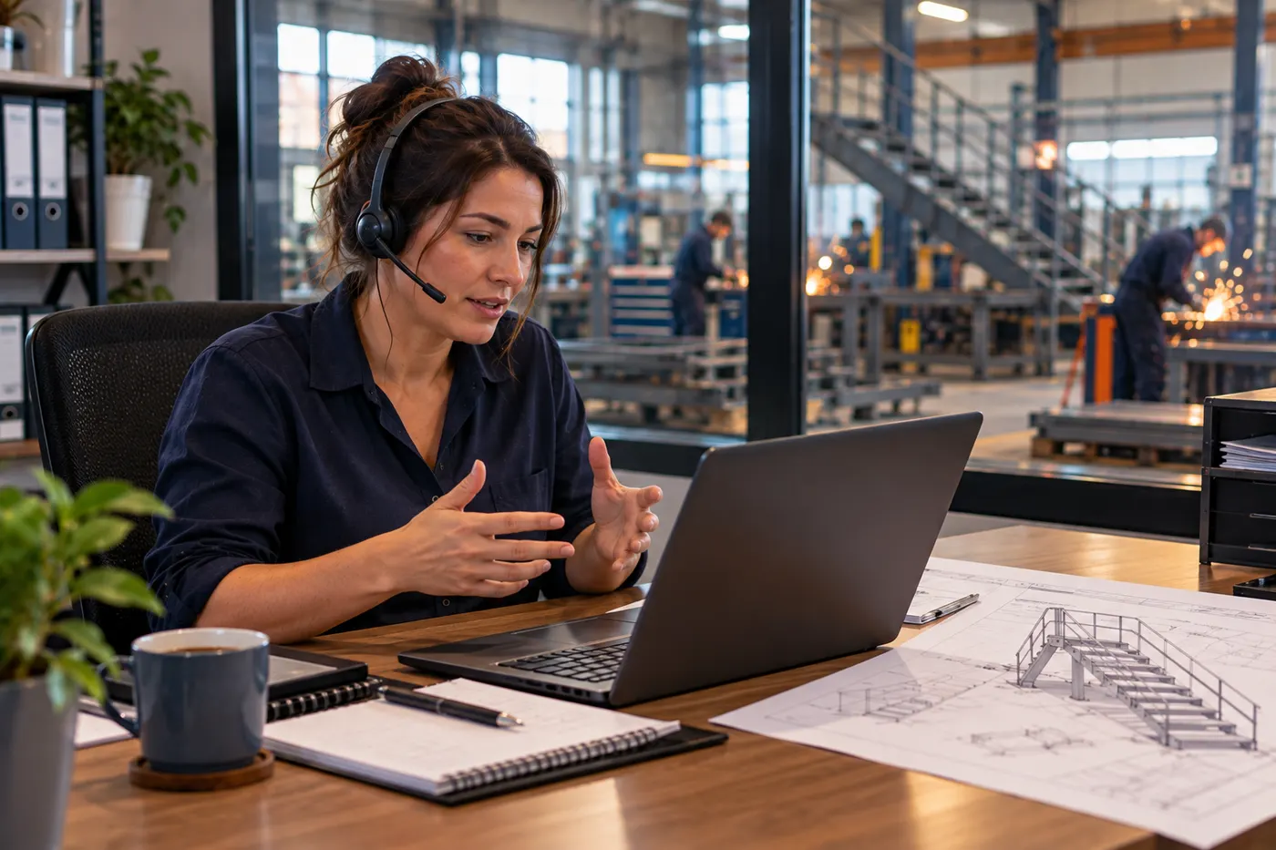 A support person on a call at her desk